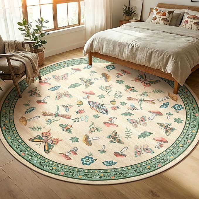 Mushroom Insect 8ft Round Rug Washable Non-Slip Soft Ultra-Thin Large Boho Circle Carpet for Entryway Kitchen Bedroom Nursery Dining Room Khaki Green