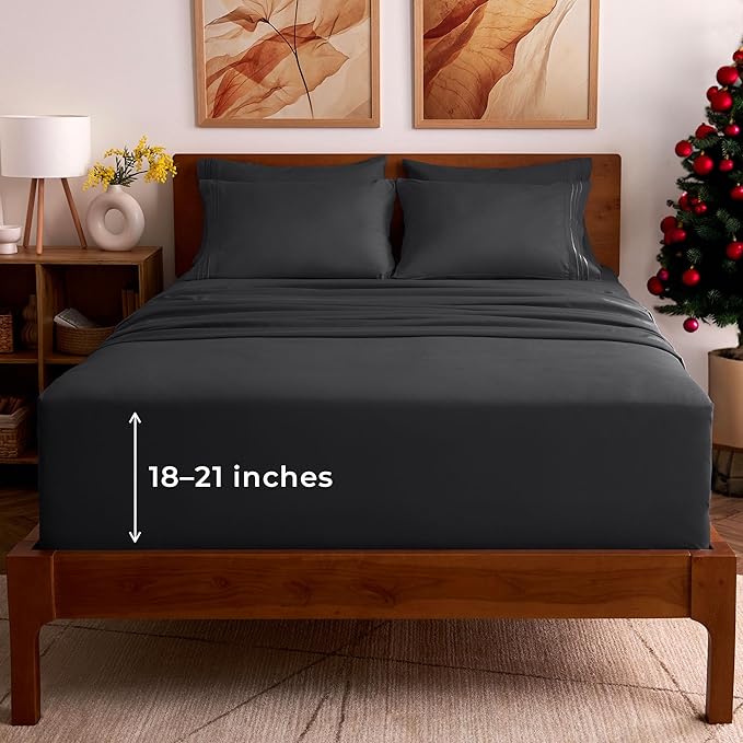 Mellanni Queen Sheet Set - 6-Piece Iconic Collection Bedding, (Including 4 Pillowcases), 21-Inch Extra Deep Pocket, Easy Care, Ultra Soft, Cooling Sheets, Brushed Microfiber - Black