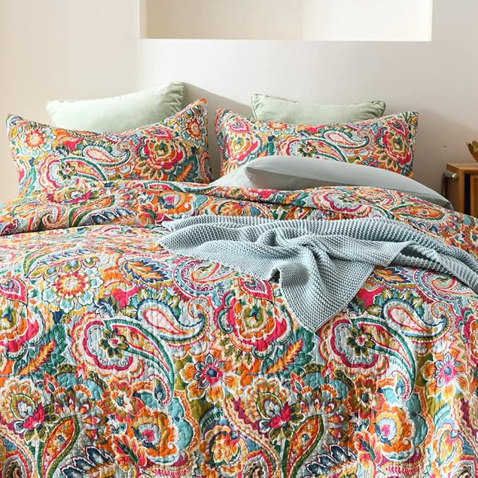 Cotton Bedspread Quilt Sets, Reversible Bedding Coverlet Sets Comforter, Gorgeous Red Floral Paisley Bedspread, King Size