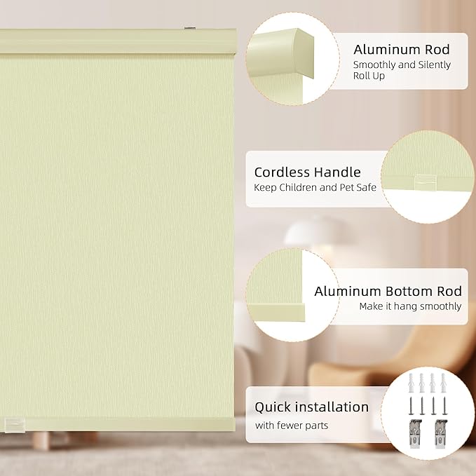 ChrisDowa Cordless Blackout Roller Shades for Windows, Striped Free-Stop Window Blinds with Privacy, Thermal Insulated Window Shades for Home, Office and Door. Beige, 26" W x 72" H