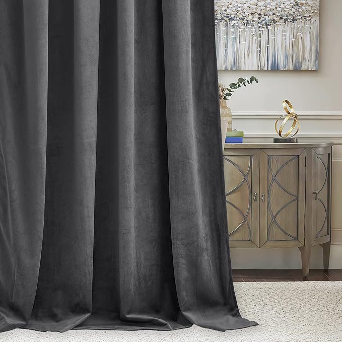 RYB Home Velvet Curtains for Living Room - Super Soft Luxury Back Tap Velvet Textured Window Drapes Room Darkening Thermal Insulated Panels for Bedroom Home Office, Grey, W52 x L96 inches, 2 Pieces