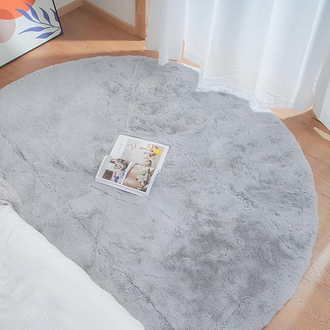 Round Furry Rugs for Living Room Faux Rabbit Fluffy Fur Rug for Bedroom Washable Area Rugs Boho Circle Rug Grey Shag Rug 4ft