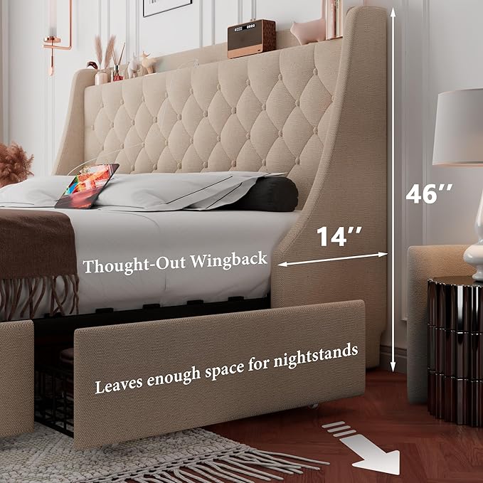 iPormis King Bed Frame with 4 Storage Drawers, Upholstered Platform Bed Frame with Type-C & USB Ports, Wingback Storage Headboard, Solid Wood Slats, No Box Spring Needed, Beige