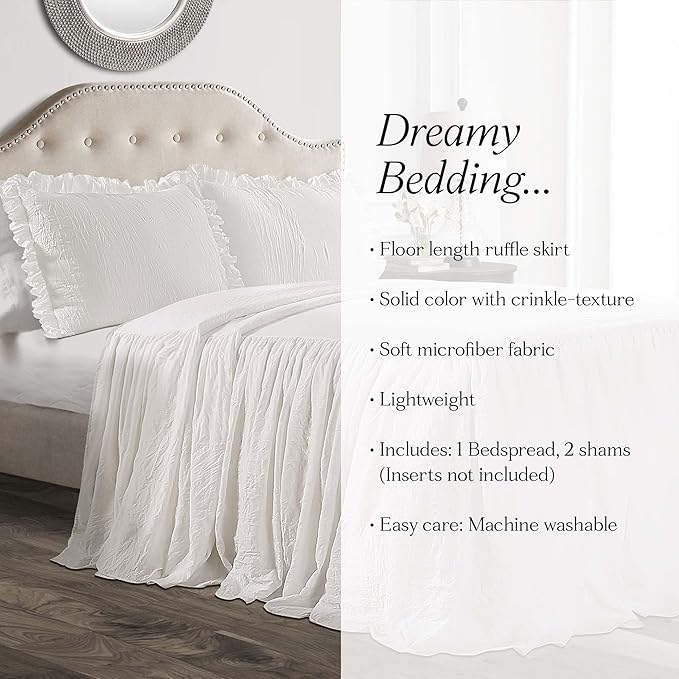 Lush Decor Ruffle Skirt Bedspread Set - 3-Piece Luxurious Farmhouse Bedding - Elegant Ruffle Detail - Timeless Style - Soft Lightweight Sheets - Full, White