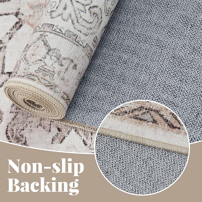 jinchan Lima Round Rug 6ft Vintage Machine Washable Area Rug Indoor Circle 6' Ultra-Thin Non-Slip Floral Print Carpet for Farmhouse Entryway Dining Room Living Room Bedroom Office (6'Round, Taupe)