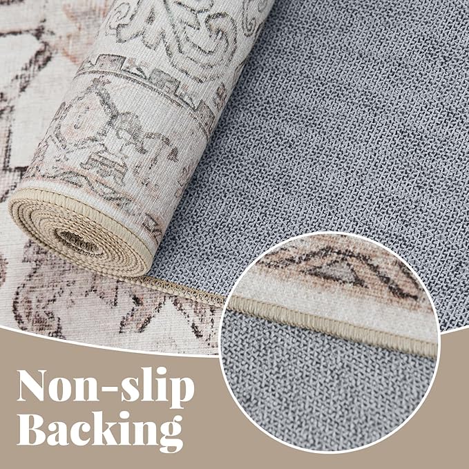 jinchan Lima 6x9 Machine Washable Area Rugs for Living Room - Vintage Floral Stain Resistant Low Pile Ultra-Thin Non Slip Accent Rug for Bedroom Kitchen Dining Room Home Office (6x9ft, Taupe)