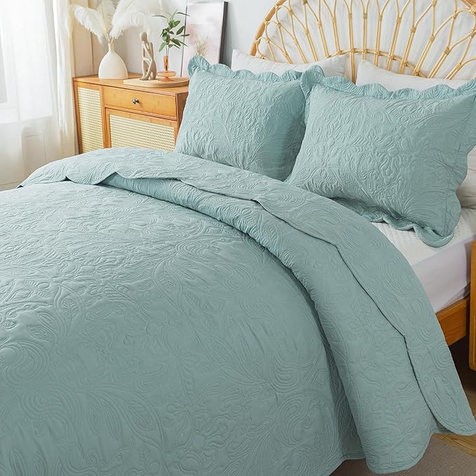 HoneiLife Quilt Set Queen Size - 3 Pieces Queen Quilt Bedding Set Microfiber Quilt Sets Lightweight Bedspreads Reversible Coverlets Retro Bed Cover Floral Bedding Set All Season Quilts-Sage Green