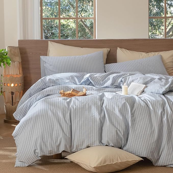 MooMee Striped Duvet Cover Set 100% Washed Cotton Linen Like Textured Breathable Durable Soft Comfy (Cornflower Blue White Wide Stripes, Queen 90"x90")