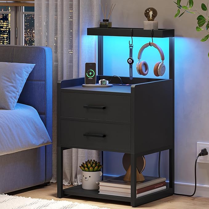 VIAGDO Nightstand with Charging Station and LED Lights, Black Bedside Night Stands with 2 Drawers and Open Storage Shelves, Modern End Side Tables for Bedroom,Office