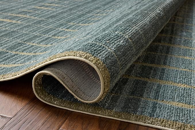 Loloi Chris Loves Julia Calvin Collection CLV-02 Ocean/Olive 5'-3" x 5'-3" Round Area Rug Checkered Neutral Soft Living Room Bedroom Carpet