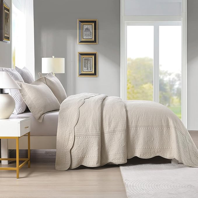 MarCielo 3-Piece 100% Cotton Oversized Bedspread Lightweight Quilt Coverlet Embroidery Farmhouse Bedding Set (TG Yellowish Beige, Oversized Queen (100"x106"))