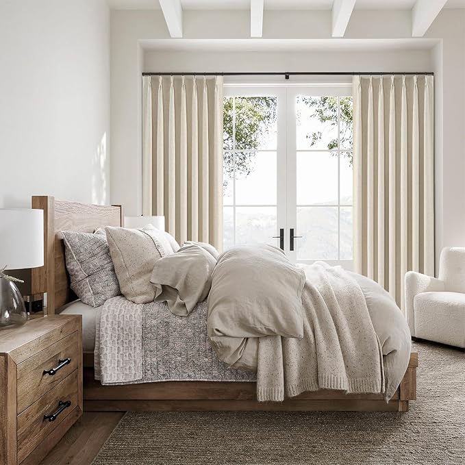 Topfinel Beige Blackout Curtains & Drapes 84 Inch Length, Cream Pinch Pleat Full Flax Linen Burlap Soundproof Curtains with Hooks Rings for Bedroom Living Room Track System 2 Panels Set, Tan