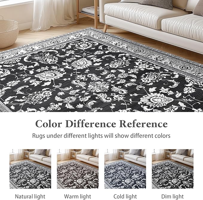 Area Rugs 5x7 Machine Washable Floral Rug Non Silp Faux Wool Vintage Soft Black Carpet for Living Room Dinning Room Bedroom Rug Under Bed Floor | Black White