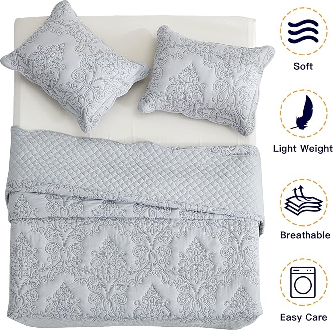 CHIXIN Bedspread Coverlet Quilt Set Full Size - Lightweight Bedding Cover - Beautiful Stitching - 5 Piece Reversible Bedspread - Luxury Damask Paisley Pattern (Full, Light Grey)