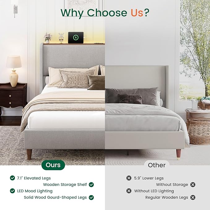 LARMACE Queen Size Bed Frame with LED Lights and Charging Station Linen Upholstered Platform Bed Frame with 51.2" Tall Wingback Headboard and Storage Shelf, No Box Spring Needed, Easy Assembly, Grey