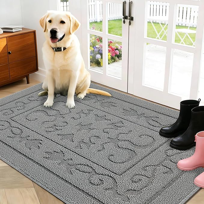 FONEYI Indoor Door Mat, Front Back Door Mat 32"x40" Non-Slip Rubber Backing Door Rug, Machine Washable Entry Rug, Low Profile Absorbent Dirt Trapper Doormat Inside Floor Mats for Entryway, Light Grey