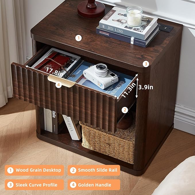 LEYAOYAO 23" Wide Fluted Night Stand with Charging Station, 1 Drawers Large End Table with Storage, Walnut Nightstand Wood Bedside Tables, Farmhouse Cabinet Dresser for Bedroom, Closet