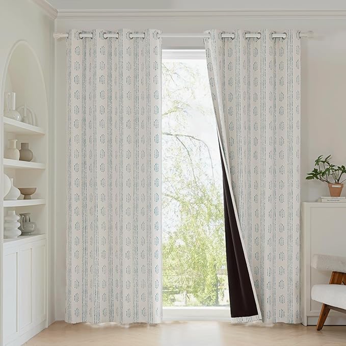 100% Boho Blackout Curtains 90 Inches Long for Bedroom, Blue on Beige Patterned Bohemian Curtains for Living Room, Geometric Striped Thermal Insulated Window Drapes Gromment Top 2 Panels