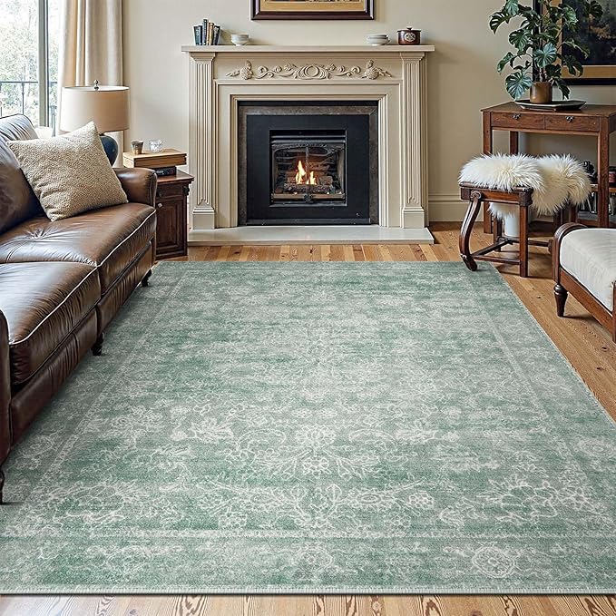 jinchan 6x9 Machine Washable Area Rugs for Living Room – Vintage Floral Soft Stain Resistant Low Pile Rug, Non Slip Ultra-Thin Carpet for Bedroom, Dining Room, Home Office, Nursery (6'x9', Green)