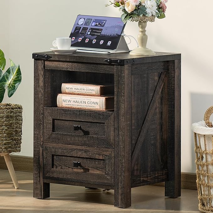 Joaxswe Nightstand with Charging Station and USB Port, Farmhouse Side End Table with 2 Drawers and Shelf Storage, Wooden Sofa Table, Bedside Cabinet for Bedroom, Living Room, Closet, Office (Dark Oak)