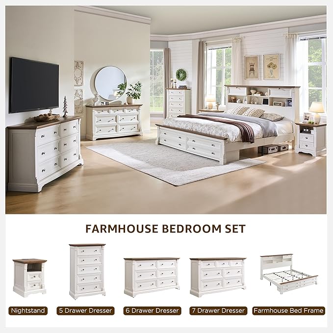 T4TREAM Farmhouse Queen Size Bed Frame with 54" Tall Headboard, Wood Platform Bed Frame with 18" Tall Roman Column Decoration Footboard & 2 Large Storage Drawers, No Box Spring Needed(Antique White)