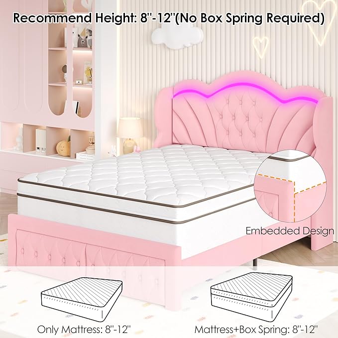 Keyluv Full Bed Frame with LED Lights and 2 Storage Drawers, Velvet Upholstered Platform with 47" Tall Arc-Shaped Wingback Headboard and Button Tufted Design, No Box Spring Needed, Noise-Free, Pink
