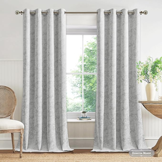Beauoop Grey Floral Jacquard Blackout Curtains 108 Inches Long 2 Panels for Bedroom Living Room Gray Flower Chenille Room Darkening Thermal Soundproof Grommet Window Treatments Drapes, 52x108