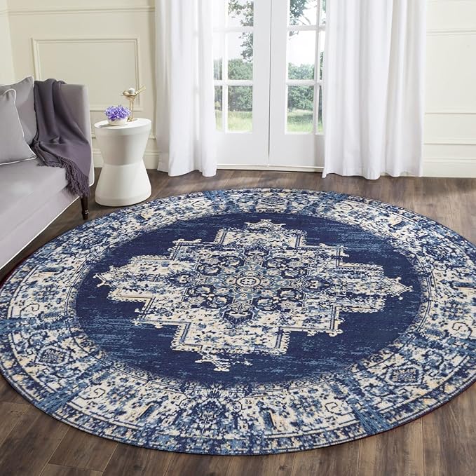 vivorug Round Rug 5ft Vintage Round Area Rug Non-Slip Indoor Carpet for Living Room Bedroom Entryway, Stain Resistant Home Decor Circle Rug, Navy Blue