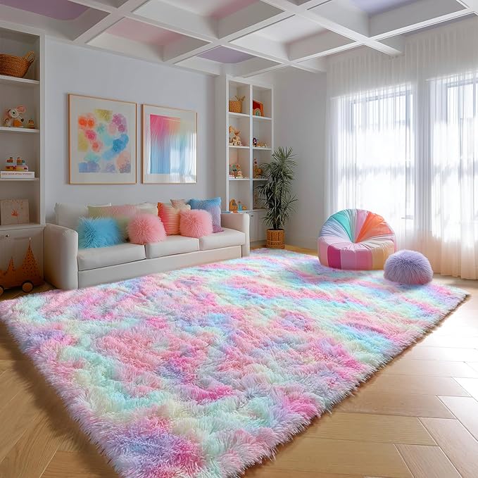 PAGISOFE Rainbow Rugs 6x9, Large Fluffy Soft Carpet,Plush Shaggy Rugs for Bedroom Girls,Kids Rooms,Fuzzy Nursery Rug for Baby's Toddler's Room, Clorful Rooms Decor for Teenage Pastel Kawaii Princess
