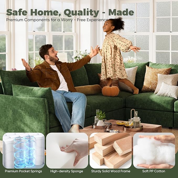 ABCASA 134.6" Luxury Modular Sectional Convertible Sofa with Storage Ottoman, L-Shape 5-Seat Oversized Comfy Couch Deep Seat with Reversible Chaise - Chenille Green