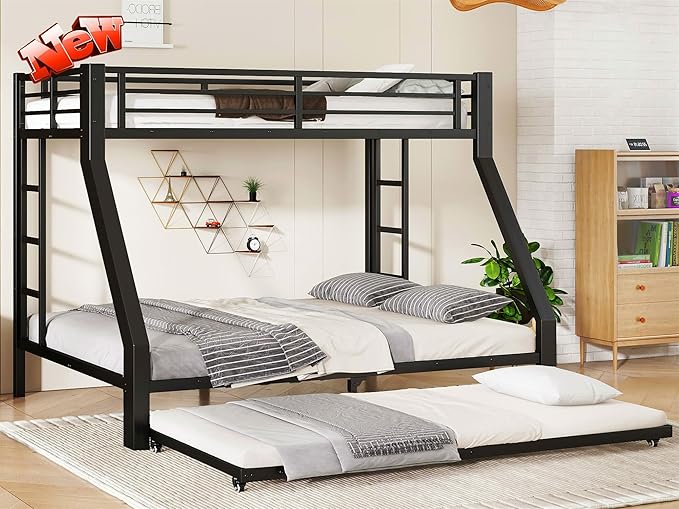 Higher Quality & Stronger Heavy Duty Metal Bunk Bed Frame Twin XL Over Queen Size with Twin Size Trundle for Adults Teens, Thickened More Stable Steel Bunkbed