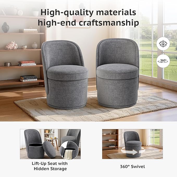 Swivel Accent Chair, 360° Swivel Chair with Hidden Storage, Vanity Chairs, Modern Small Barrel Swivel Armchair for Living Room/Bedroom, Darkgrey