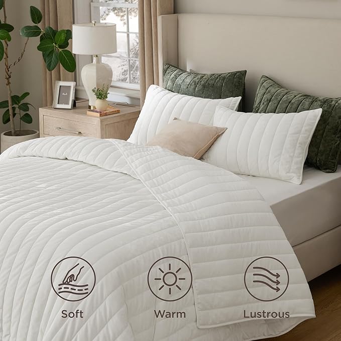 Bedsure Velvet Quilt King Size Set - 108"x96" Lightweight Velvet Comforter King, Oversized Luxury Bedspread Coverlet, Ultra-Soft Winter Bedding Set with 2 Pillow Shams, Cream White