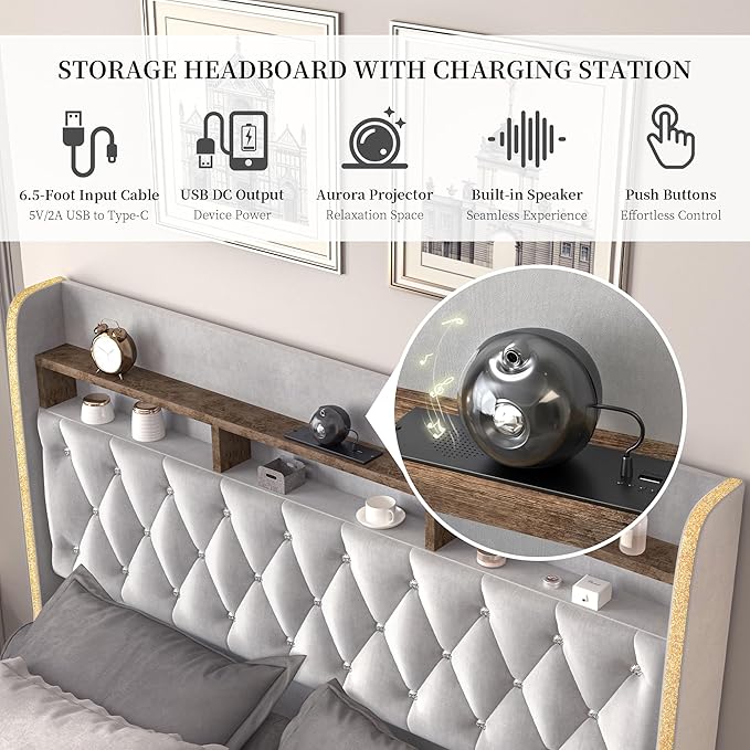 King LED Bed Frame with Storage Drawers, Velvet Upholstered Platform Beds with Galaxy Star Projector Charging Station Speaker, Aurora Bedframe with 2-Tier Storage Headboard, Noise-Free, Grey