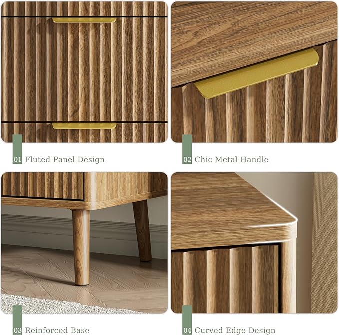 LYNSOM Fluted Dresser and Nightstand Sets 3 Piece, 7-Drawers Dresser and 1-Drawer Nightstands Set of 2, Wood Bedroom Furniture Set for Home, Bedroom, Hallway, Walnut