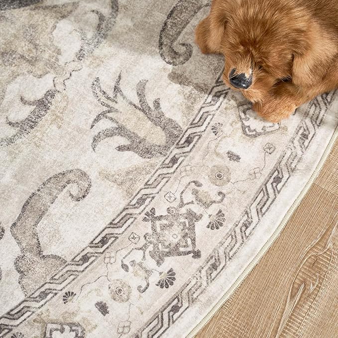 jinchan Round Rug 7ft Area Rug Vintage Floor Mat Kitchen Indoor Ultra-Thin Soft Floral Print Washable Circle 7' Accent for Farmhouse Non Slip Dining Room Living Room Bedroom Office Taupe