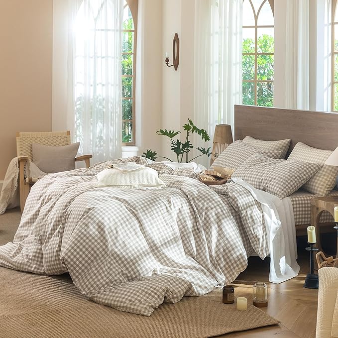 MooMee Gingham Duvet Cover Set 100% Washed Cotton Linen Like Textured Breathable Durable Soft Comfy Modern Checkered Design (Tannish Linen Grey Gingham, Full 80"x90")