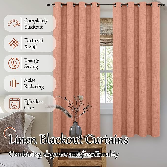 Terracotta 100% Linen Blackout Curtains for Living Room 63 Inch Long 2 Panels, Thermal Insulated Noise Reducing Window Total Black Out Fall Curtains for Bedroom, Each 52x63 Inch 2 Panels