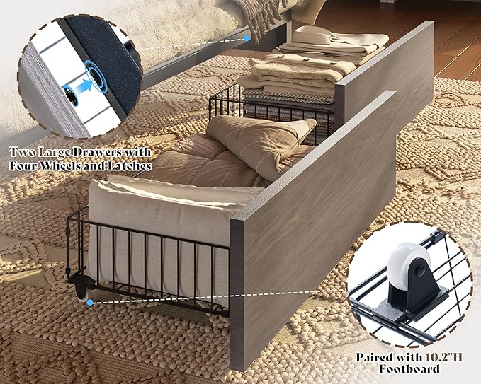 AMERLIFE 47.2" H Queen Bed Frame with Hidden Space Bookcase Headboard and Charging Station, Beds with 2 Storage Drawers and Wood Slats, No Box Spring Needed, Grey