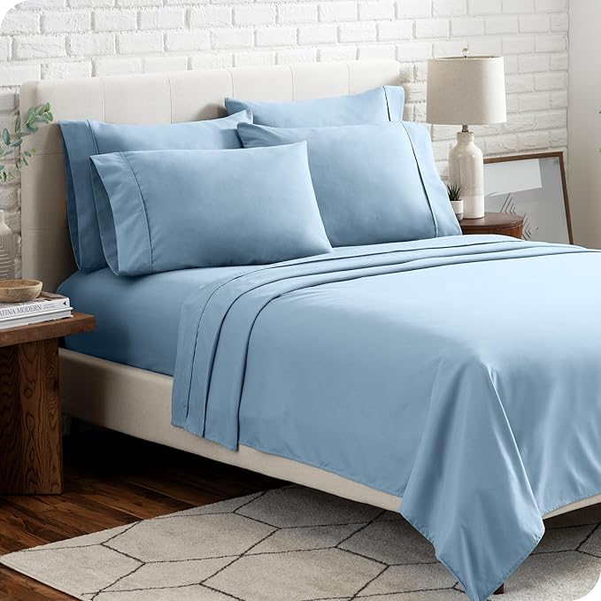 Bare Home Hotel Luxury Queen Sheet Set, Extra Soft - 6 Piece Set - Deep Pockets - Easy Fit - Cooling & Breathable - Wrinkle, Fade, Stain Resistant - Includes 4 Pillowcases (Queen, Light Blue)