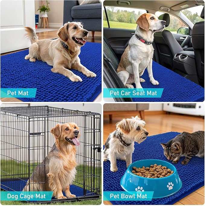 OLANLY Dog Door Mat for Muddy Paws 47x32, Absorbs Moisture and Dirt, Absorbent Non-Slip Washable Doormat, Quick Dry Chenille Mud Mat for Dogs, Entry Indoor Entryway Carpet for Inside Floor, Royal Blue