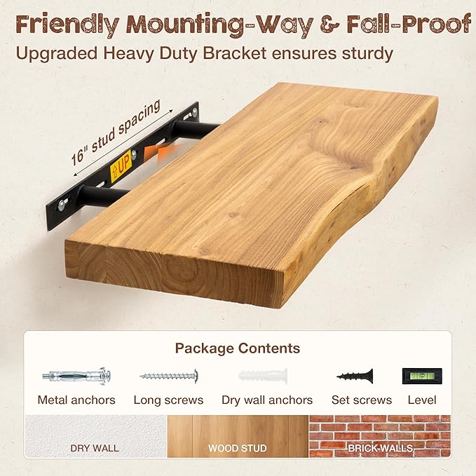 fuqing Live Edge Floating Shelves for Wall 72 inch, 8 Inch Deep Solid Elm Wood Floating Wall Shelves - Rustic Wooden Shelves with Invisible Brackets for Living Room Bedroom Kitchen, 1 Pack, Natural