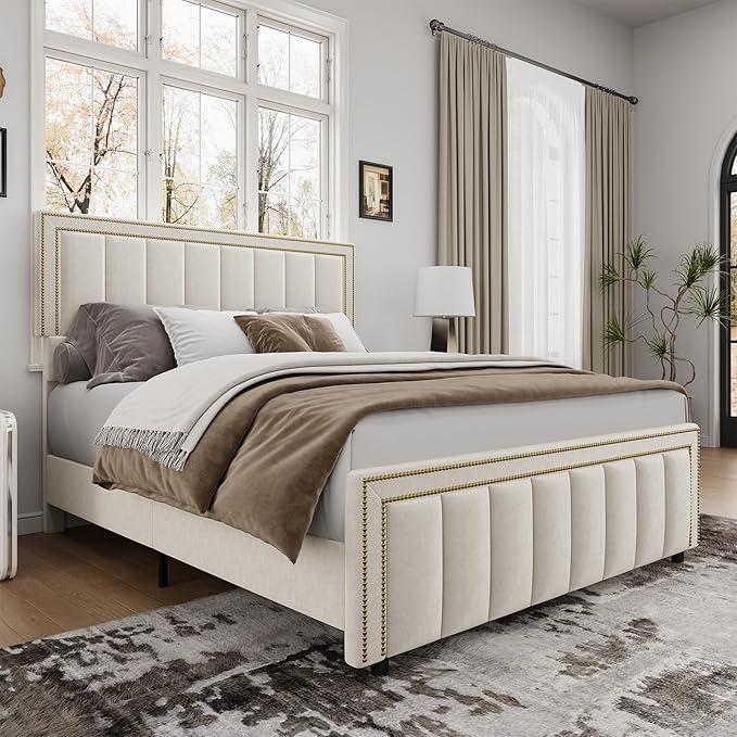 BarnFurin Full Size Bed Frame with 50" Tall Headboard and Footboard, Chenille Upholstered Platform Bed, Vertical Channel Tufting with Nailhead Trim, No Box Spring Needed, Easy Assembly, Beige