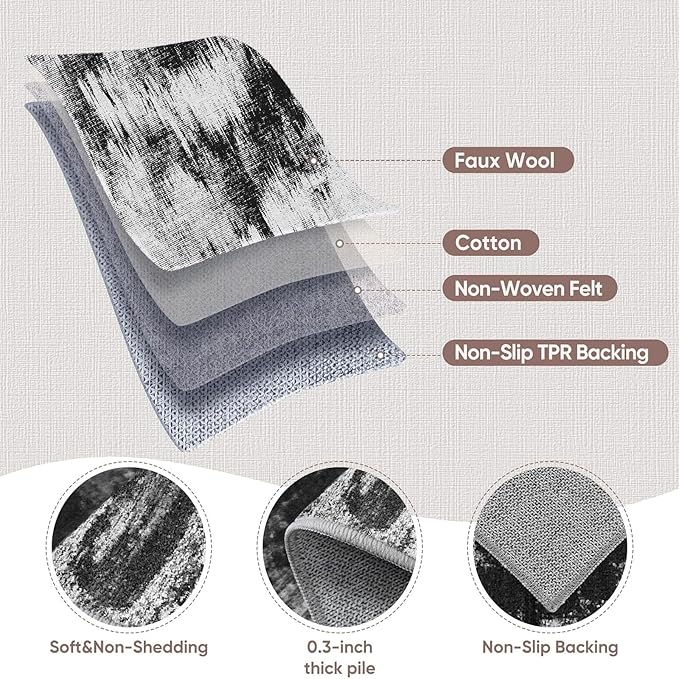 3x12 Long Hallway Runner Rug: Kitchen Rugs Non Slip Washable Low Pile Abstract Rug Runner with Rubber Backing Indoor Carpet Runners for Bedroom Dining Living Room Bathroom Black White