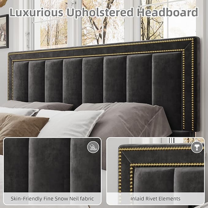 BarnFurin Queen Bed Frame with 50" Tall Headboard and Footboard, Chenille Upholstered Platform Bed, Vertical Channel Tufting with Nailhead Trim, No Box Spring Needed, Easy Assembly, Black