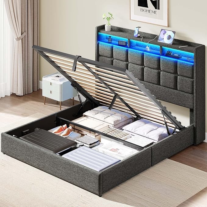 Lift Up Full Size Bed Frame with Storage, Upholstered Full Bed Frame with LED Lights Headboard and Charging Station, No Box Spring Needed, Easy Assembly - Dark Grey
