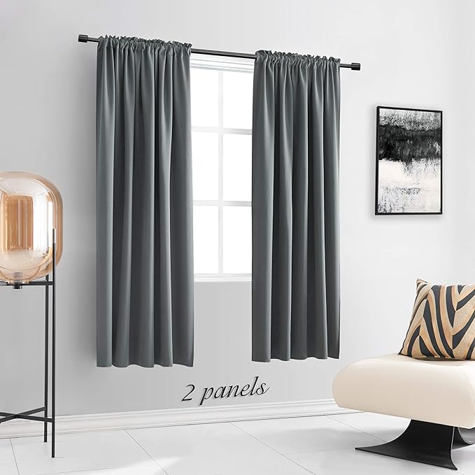 DONREN 72 Inch Length Medium Grey Blackout Curtains for Bedroom - Small Window Treatment Rod Pocket Curtain Drapes (Set of 2 Panels)