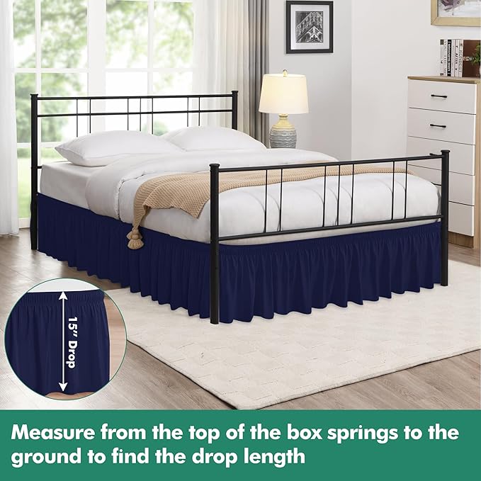 Biscaynebay Wrap Around Bed Skirts with Split Corners for Full Beds 15" Drop, Navy Adjustable Elastic Dust Ruffles Easy Fit Wrinkle Resistant Silky Luxurious Fabric Machine Washable