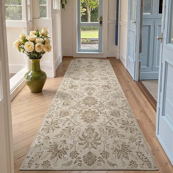 jinchan Torino Runner Rugs 3x10, Vintage-Inspired Floral Neutral Design Machine Washable Non-Slip Ultra-Thin Low-Pile Rubber Backing Traditional Rug for Kitchen Hallway Laundry Room Entryway Taupe