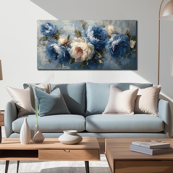 JuhaiArt Peony Floral Wall Art Bedroom Blue Wall Decor White Wall Picture Flower Artwork for Living Room Office 20" x 40"